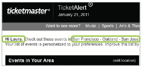 This Ticketmaster email uses first name and location personalization.